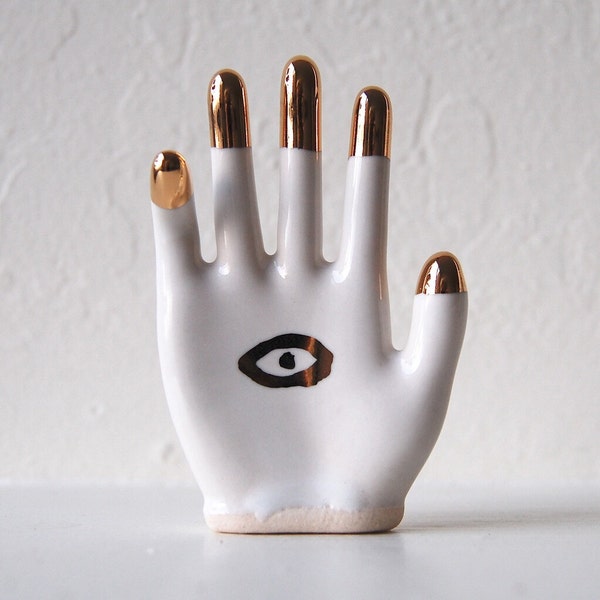 All Seeing Eye Hand Amulet - contemporary ceramic hamsa with gold dipped fingers