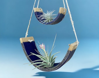 Tiered Royal Navy Blue Ceramic Hanging Tillandsia Air Plant Holder Interior Home Decoration Planter - Limited Edition