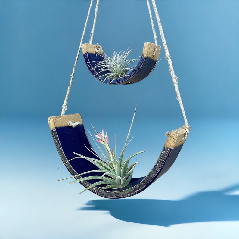 Tiered Royal Navy Blue Ceramic Hanging Tillandsia Air Plant Holder Interior Home Decoration Planter Limited Edition image 1