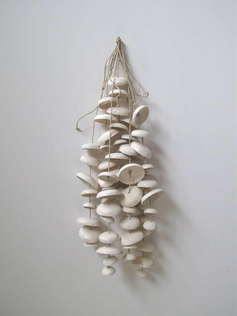 Serene ceramic wind chime organic hanging bells garden sculpture Mudpuppy Moon Chimes in unglazed natural buff Half Set image 2