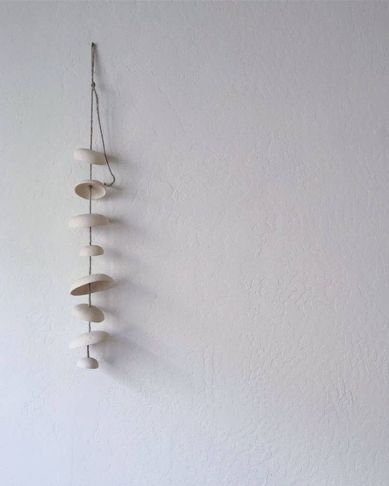 Serene ceramic wind chime organic hanging bells garden sculpture Mudpuppy Moon Chimes in unglazed natural buff Half Set image 4