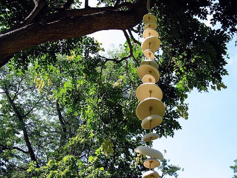 Mudpuppy Moon wind chimes organic hanging disc bells sculpture natural buff stoneware image 5