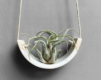 Lovely Small Hanging Air Plant Holder Speckle Buff Stoneware Clay Dipped in Gloss White Planter