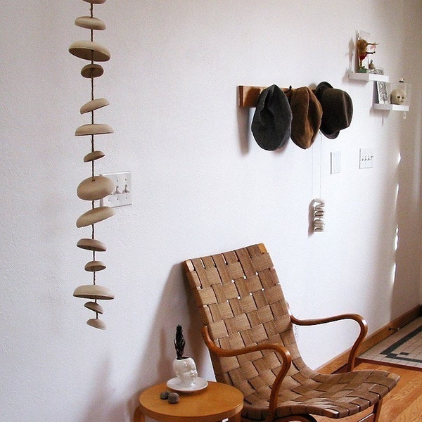 Mudpuppy Moon wind chimes organic hanging disc bells sculpture - natural buff stoneware