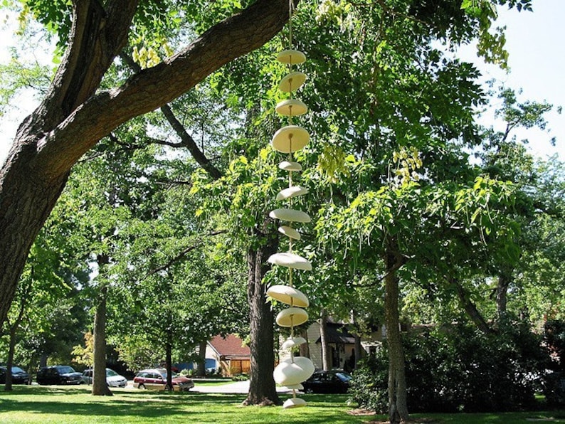 Mudpuppy Moon wind chimes organic hanging disc bells sculpture natural buff stoneware image 6