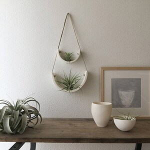 May include: Two white ceramic hanging planters with air plants, a white ceramic vase, and a framed picture on a wooden table.