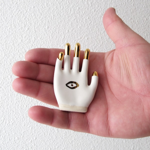 LAST ONE - All Seeing Eye Hand Amulet - contemporary ceramic hamsa with gold dipped fingers