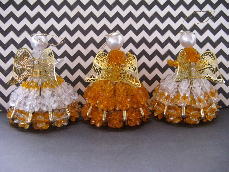Vintage Safety Pin Angels, 3 Safety Pin and Beaded Angels, Orange