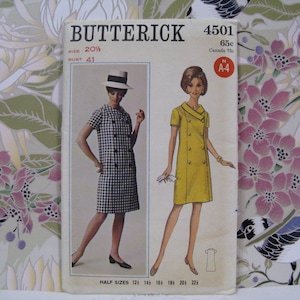 Butterick 4501 Symönster Vintage 1960-tals Mod Kappa Klänning Storlek 20 1/2 Klänning Byst 41, Oklippt i fabriksveck