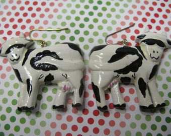 Vintage 1990s Cow Earrings, Cows Wearing Sunglasses, Wood Cows, Y2K Retro Fashion, Vintage Jewelry