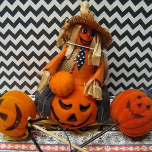 3 Vintage Flocked Pumpkins, Vintage Halloween Decorations, Flocked Pumpkin and Scarecrow, 2 Flocked Pumpkin Picks, Flocked Jack O Lantern
