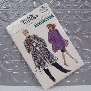 Very Easy Very Vogue Pattern 7322, Vintage 1988, 1980s Swing Coat, Flared Unlined Coat, Size 14 16 18, Uncut Factory Folds