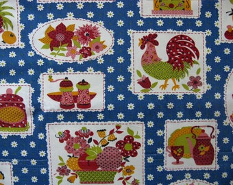 Vintage Küchenstoff, Waverly Calico Küchenstoff, Mod rosa Hahn, Obst und Gänseblümchen, 3,5 Yards Dekostoff, Retro Home Decor