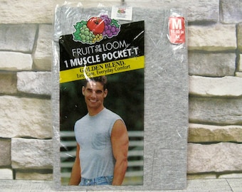 Fruit Of The Loom Vintage 2001 Y2K Muscle Pocket T Top, New Old Stock, Mens Size Medium, Gray Golden Blend