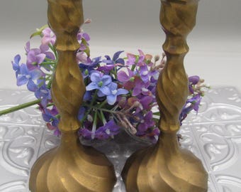 Vintage Brass 2 Twisted Spiral Candlesticks 6" Candle Holders Classic Patina Flared Base