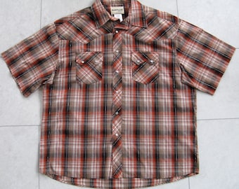 Rustler By Wrangler True Vintage Western Shirt, Mens XL, Orange And Black Plaid with Pearl Snaps and Short Sleeves