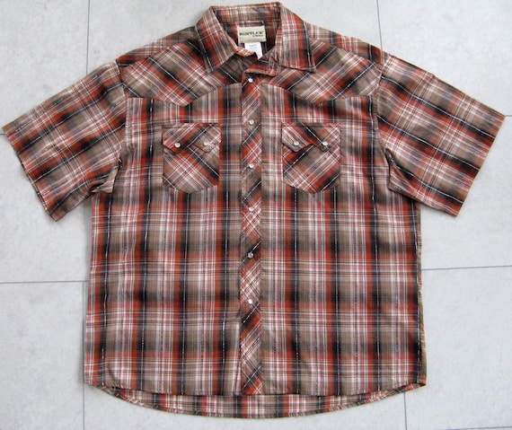 Vintage Western Shirt, Men's XL Shirt, Rustler By Wrangler, Orange And Black Plaid, Pearl Snap Shirt, Short Sleeve Shirt, Vintage Clothing Vintage Western Shirt, Men's XL Shirt, Rustler By Wrangler, Orange And Black Plaid, Pearl Snap Shirt, Short Sleeve Shirt, Vintage Clothing