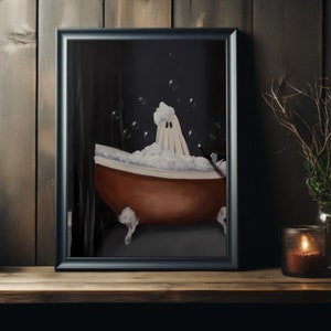 Ghost In The Bath Tub Wall Art Print, Bubble Bath Ghost Png, Halloween Decor, Vintage Poster Print, Ghost Bathroom Print, Dark Academia
