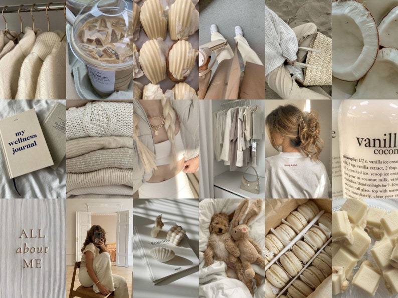 May include: A collage of images in a neutral color palette featuring a variety of items, including a journal with the text "my wellness journal", a stack of white sweaters, a white t-shirt with the text "Happy & Rich", a bottle of vanilla coconut cream, a plate of macarons, and a white ceramic shell.