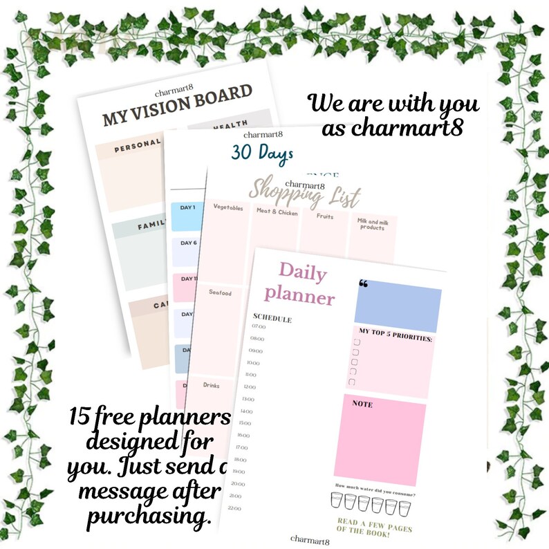 May include: A set of printable planners with a pink, blue, and white color scheme. The planners include a vision board, a 30-day shopping list, a daily planner, and a note section. The text "We are with you as charmart8" is at the top of the image.