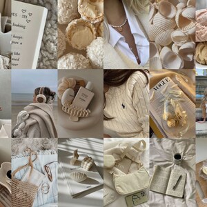 May include: A collage of images featuring a variety of items in shades of beige and cream. The images include a book, a magazine, a sweater, a bag, a cup of coffee, a bowl of ice cream, and a pair of headphones.