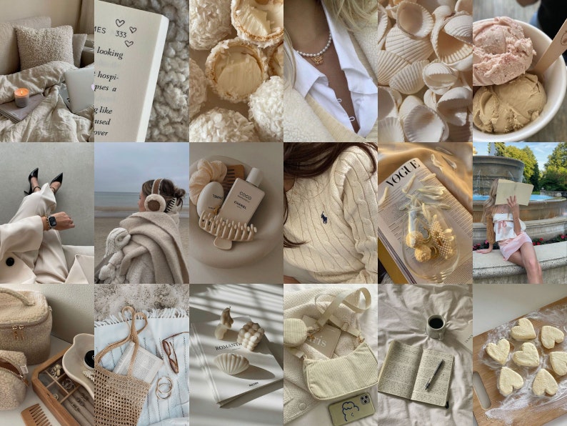 May include: A collage of images featuring a variety of items in shades of beige and cream. The images include a book, a magazine, a sweater, a bag, a cup of coffee, a bowl of ice cream, and a pair of headphones.