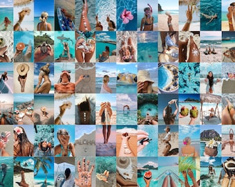 Kit de collage de fotos de playa de verano / Decoración de pared bohemia azul (120 piezas) (Descarga digital)