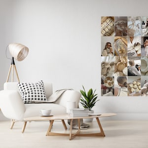 May include: A collage of 25 images in a grid pattern, featuring a variety of themes including fashion, food, travel, and nature. The images are predominantly in shades of beige, brown, and white, creating a cohesive and minimalist aesthetic.