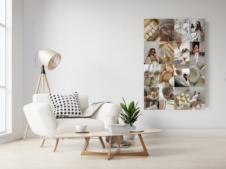 May include: A collage of 25 images in a grid pattern, featuring a variety of themes including fashion, food, travel, and nature. The images are predominantly in shades of beige, brown, and white, creating a cohesive and minimalist aesthetic.