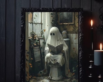 Funny Ghost on Toilet Art Print: Whimsical Bathroom Halloween Decor (Digital Download)