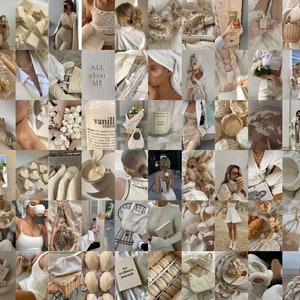 145 pièces | Collage photo esthétique fille vanille | Kit de collage mural beige clair | Collage photo mural esthétique blanc | Impressions photo neutres