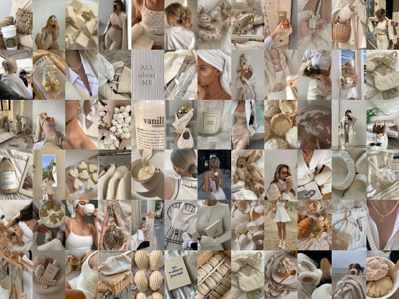 May include: A collage of images in shades of white and beige. The images feature various objects, including clothing, food, drinks, and home decor. The overall theme is a minimalist aesthetic with a focus on natural textures and neutral colors.