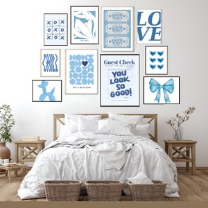 Retro Trendy Wall Art Set of 12 Guest Check Print Lucky You Poster Blue Preppy Room Decor Apartment Aesthetic Beige Funny y2k Dorm Gallery