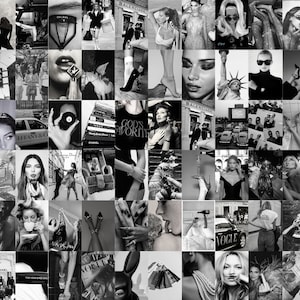 Puede incluir: Un collage en blanco y negro de imágenes que presentan moda, belleza y marcas de lujo. El collage incluye imágenes de modelos, ropa, accesorios y monumentos emblemáticos. Algunas de las marcas que se presentan son Chanel, Dior, Tiffany & Co. y Vogue.