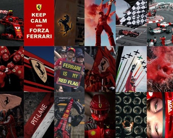 Puede incluir: Un collage de imágenes relacionadas con la Fórmula 1, con el equipo Ferrari. El collage incluye un coche de carreras rojo, un piloto con un traje de carreras rojo, una bandera a cuadros y el logotipo de Ferrari. También se incluye el texto "Keep Calm and Forza Ferrari".