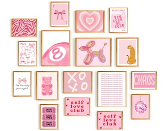 Pink Preppy Wall Art Prints, Room Decor (Digital Download, 20 PCS Bundle)