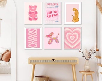 Conjunto de arte de parede rosa preppy: laços, chita, ursinho de goma (download digital)