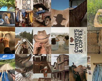 Könnte beinhalten: Eine Collage von Bildern mit rustikalem Western-Thema. Die Bilder zeigen ein Pferd, einen Cowboyhut, einen Sattel, einen Saloon und ein Schild mit der Aufschrift "Ich liebe Cowboys & Kaffee".