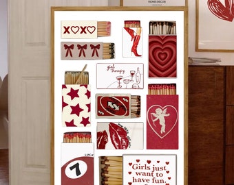 Red Matchbox Art Print, Trendy Matchbook Collage (Digital Poster)