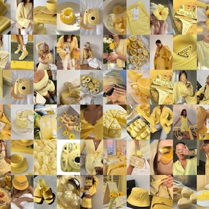 Op de afbeelding: Een collage van afbeeldingen in tinten geel, met mode, eten en interieurdecoratie. De afbeeldingen omvatten kleding, accessoires, eten, drinken en interieurdecoratieartikelen. De collage is een visuele weergave van de kleur geel en de verschillende toepassingen ervan.