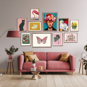 Conjunto de pared de galería maximalista, arte de pared ecléctico y peculiar, carteles de exposiciones imprimibles y grabados vintage, descarga digital de decoración de sala de estar