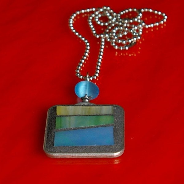Mosaic Pendant Featuring Stained Glass and Blue Glass Bead
