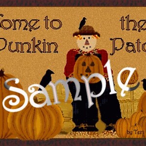 May include: A brown and tan doormat with the text "Come to the Pumpkin Patch" and a scarecrow holding a jack-o-lantern. There are also black crows and pumpkins on the doormat.