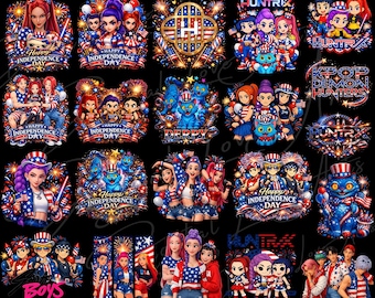 4th of July Kpop Huntrix PNG Bundle, Patriotic Kpop Girl Graphic, Red White Blue Idol Shirt Png, Independence Day Png, Sublimation Design