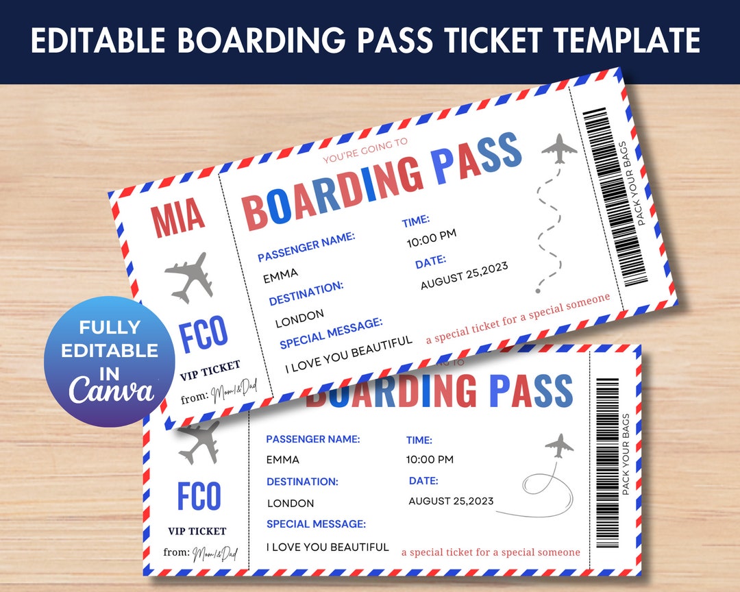Editable Boarding Pass Template Printable Personalized Airline Ticket Editable Boarding Pass Template Printable Personalized Airline Ticket