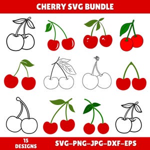 Cherry Svg Bundle, Cherry Png, Red Cherry Svg, Fruit Svg, Cherries Clipart, Cherry Vector, Cherry Silhouette,Instant Download,Commercial Use
