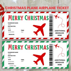 May include: Two Christmas airplane tickets with red and green borders. The tickets read "Merry Christmas" and feature a red airplane graphic. One ticket includes the message "I love you."