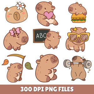 May include: A collection of nine cartoon capybara illustrations in various poses. One capybara wears sunglasses, another holds a heart, and one is lifting weights. Other illustrations include a capybara with a flower, a bow, and a burger.