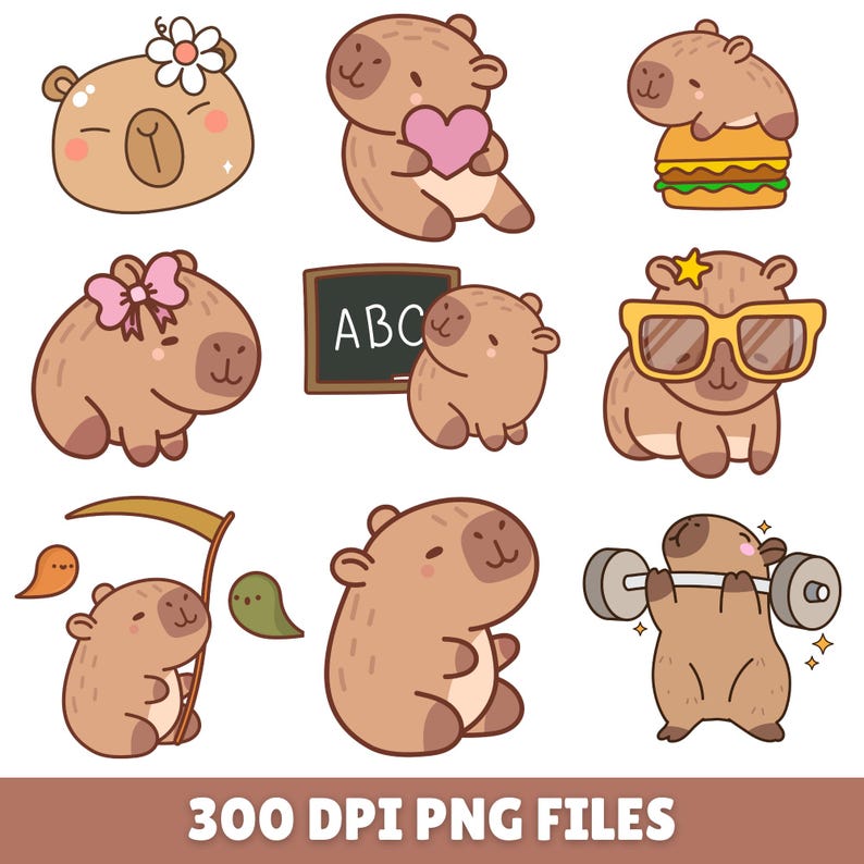 May include: A collection of nine cartoon capybara illustrations in various poses. One capybara wears sunglasses, another holds a heart, and one is lifting weights. Other illustrations include a capybara with a flower, a bow, and a burger.