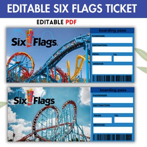Bearbeitbare Six Flags Geschenkkartenvorlage, Bordkartenticket, Reiseticket, druckbare Überraschungskarte, Eintrittskarte, Sofortdownload